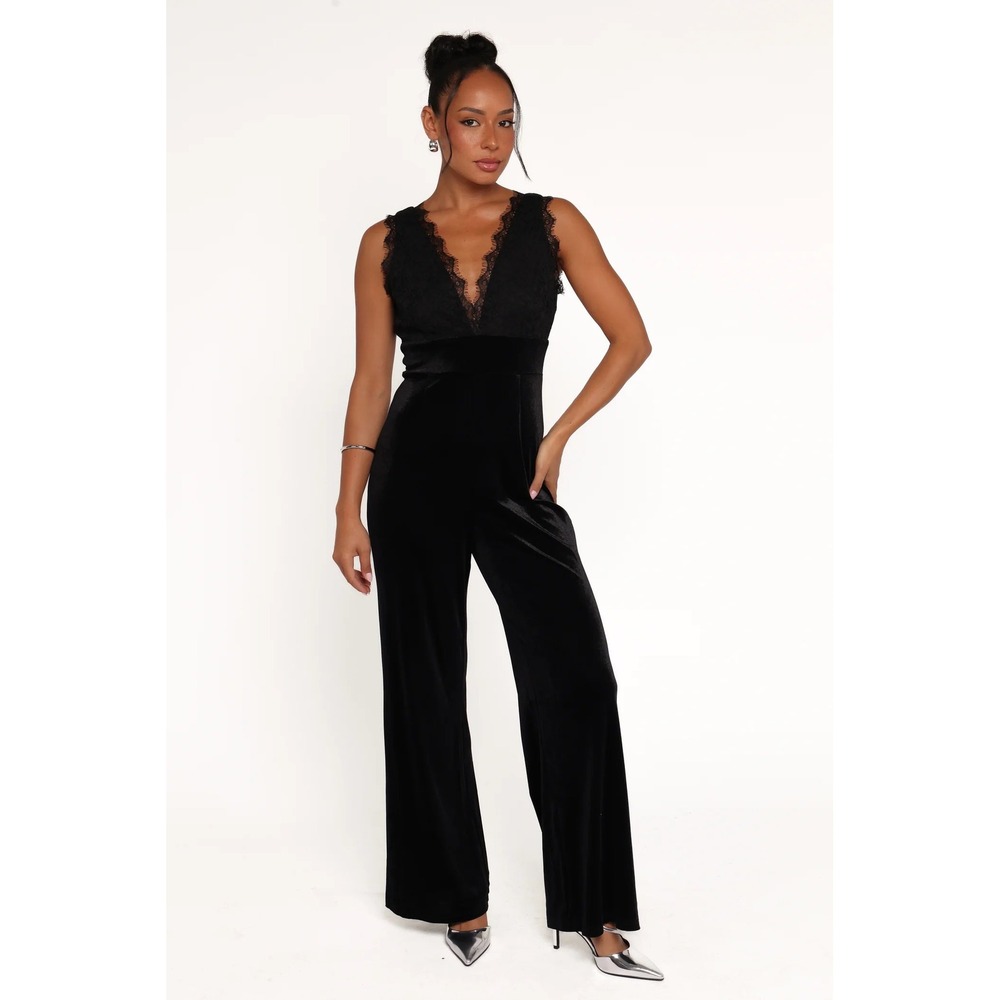 Petal + Pup Eloise Jumpsuit Black Velvet Sz S Lace Wide Leg Formal Wedding Guest